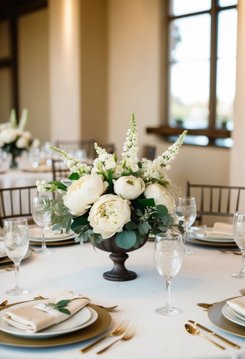 A table set with beige silk flower arrangements, creating an elegant and romantic wedding decoration