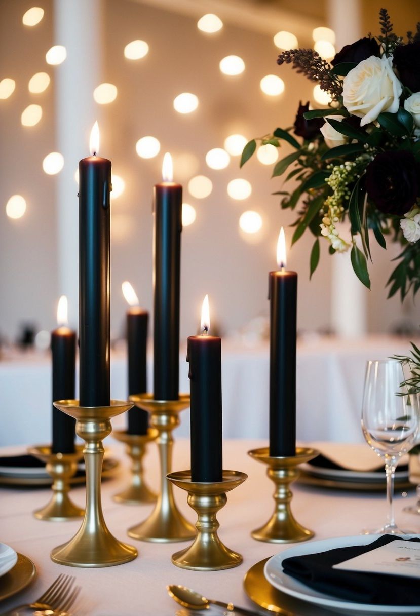 Elegant black candles in gold holders adorn a wedding table