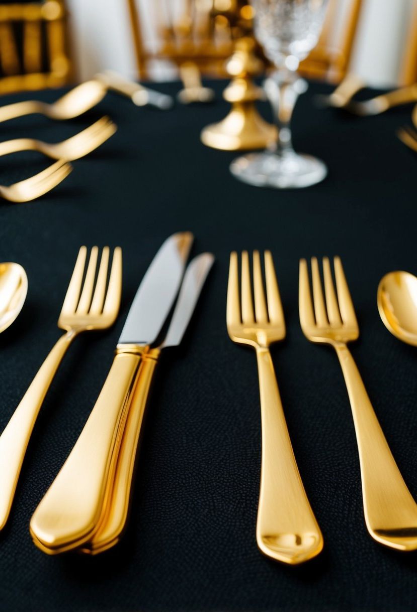 A golden cutlery set arranged on a black tablecloth