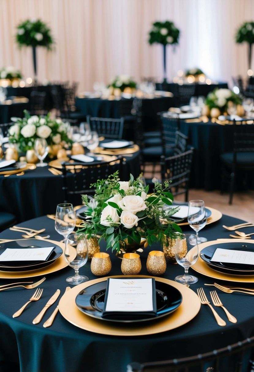 A black and gold themed wedding table with elegant centerpieces, shimmering tablecloths, and golden cutlery