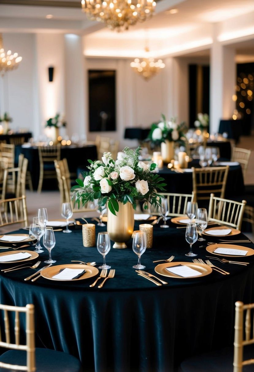 A rich black velvet tablecloth adorned with gold centerpieces, creating an elegant and luxurious atmosphere for a black and gold wedding table decoration