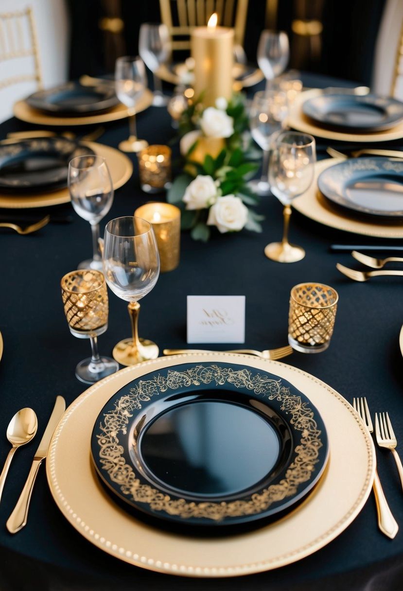 Gold chargers with black dinnerware arranged on a table, adorned with intricate gold accents for a black and gold wedding theme
