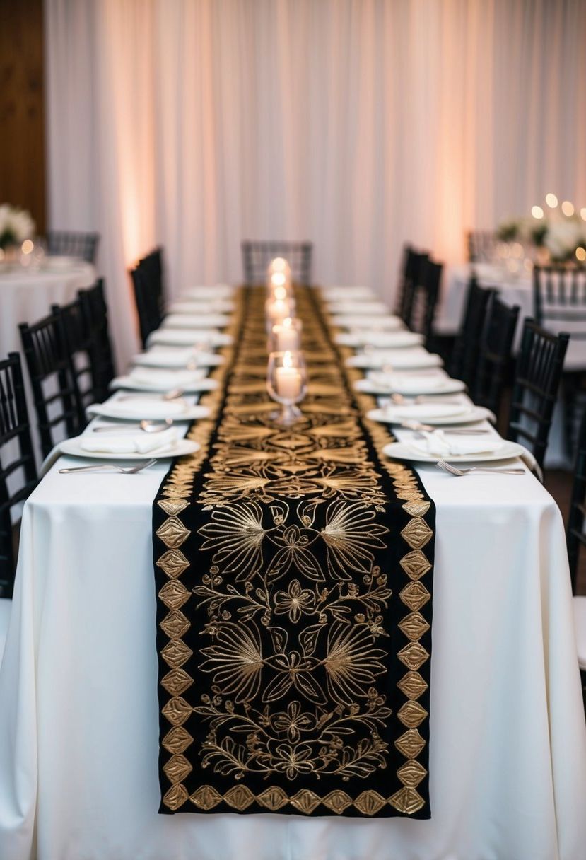 An elegant black and gold embroidered table runner drapes across a sleek wedding table, adding a touch of luxury to the decor