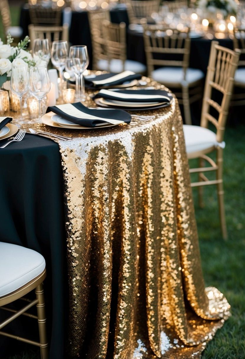 Black and gold sequin tablecloth draped over a wedding table, sparkling in the light, surrounded by matching decor for a glamorous touch