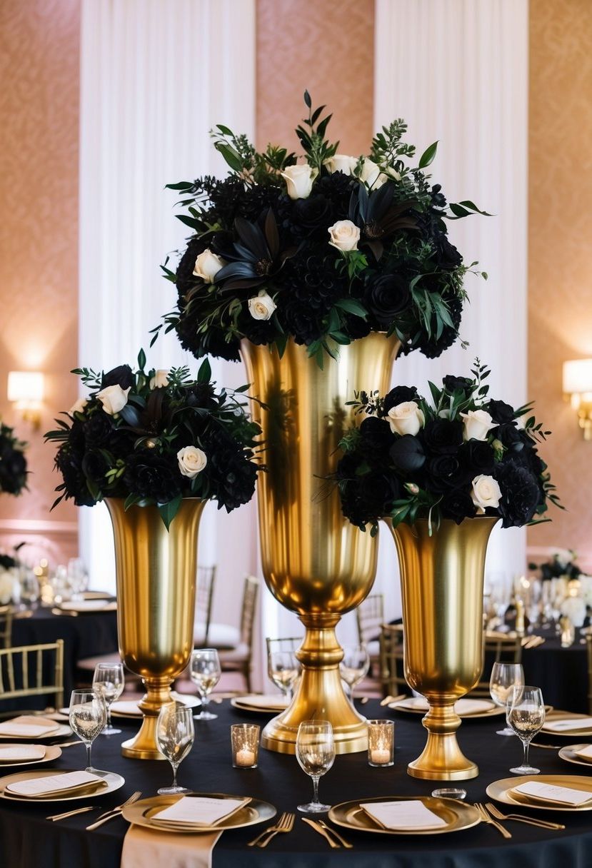 Oversized gold vases filled with black floral arrangements stand as elegant centerpieces on a black and gold wedding table