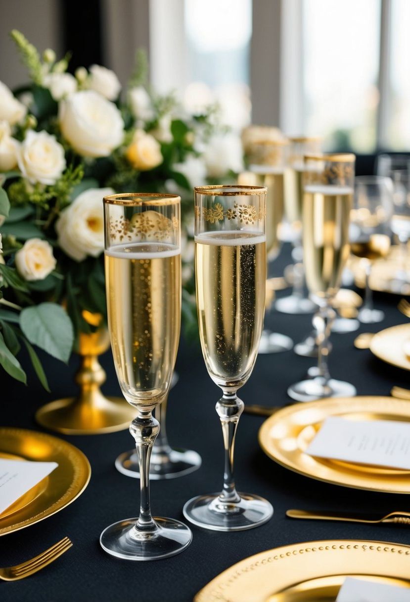 Golden-rimmed glassware and champagne flutes adorn a black and gold wedding table, creating an elegant and luxurious atmosphere