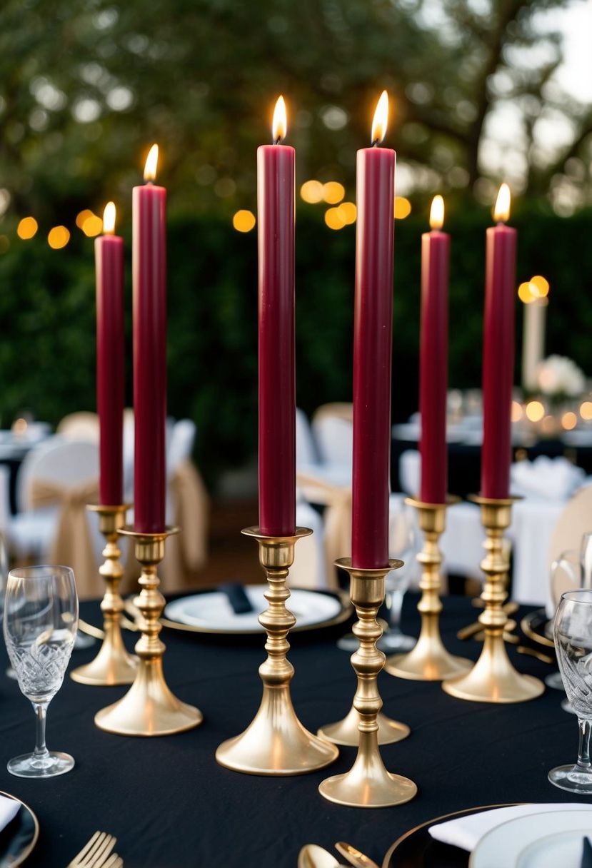 Burgundy taper candles in gold holders adorn a black and gold wedding table