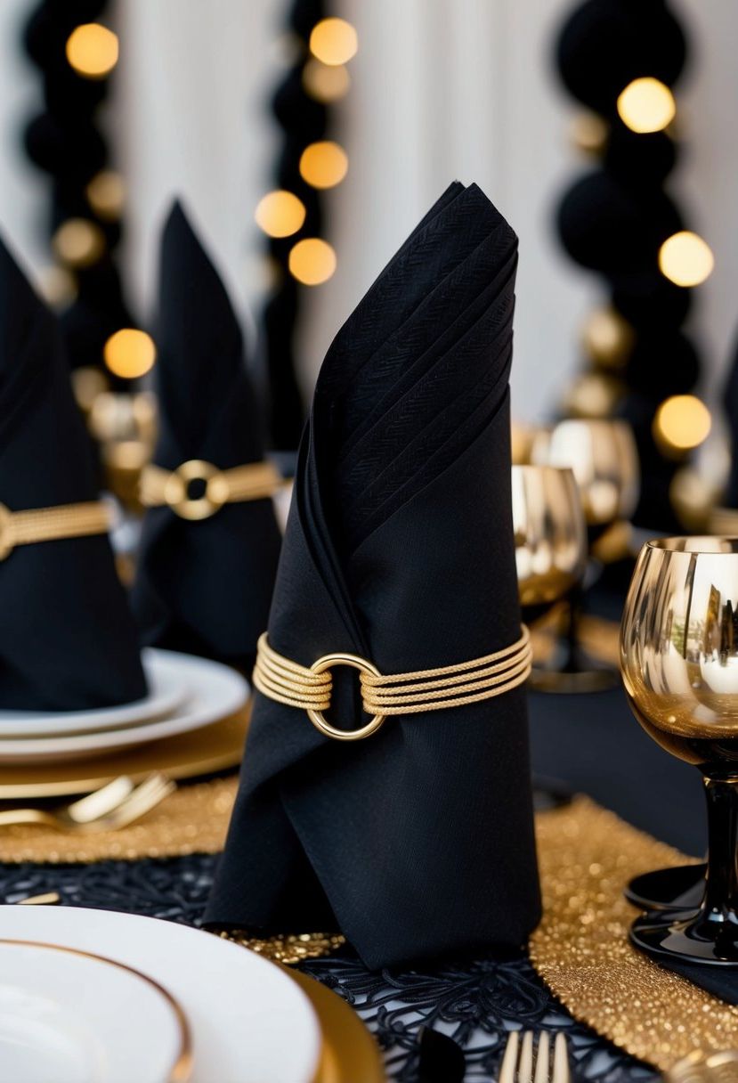 Black napkins folded neatly and adorned with golden rings, set on a table with matching black and gold decorations