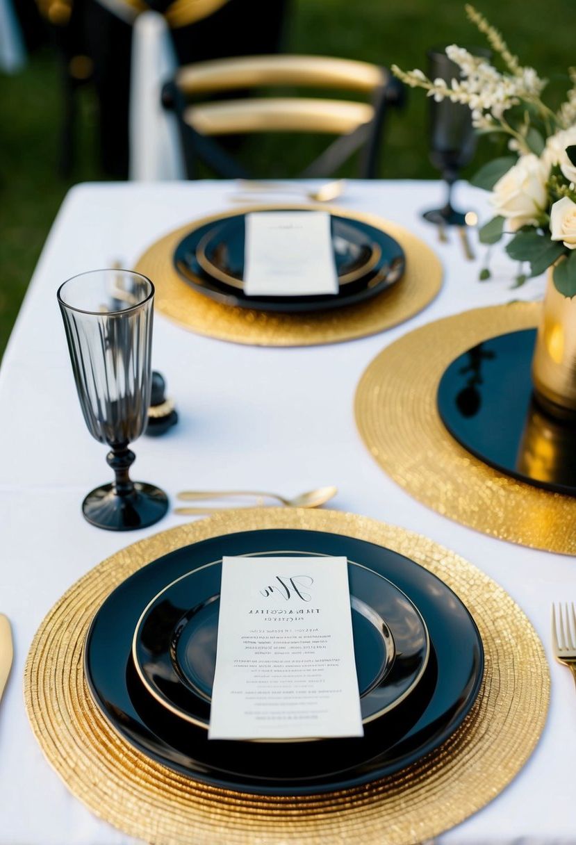 Gold placemats under black dinnerware on a table with black and gold wedding decorations