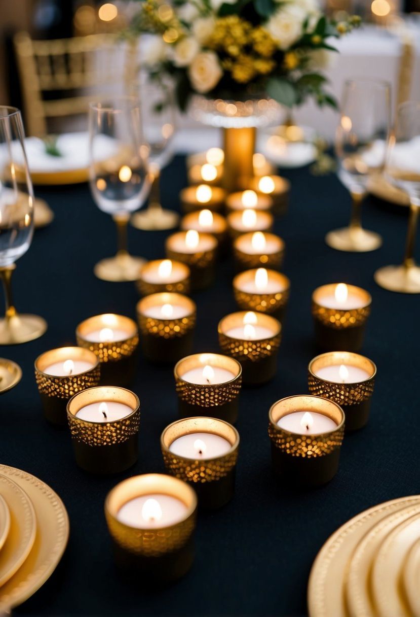 Golden votive candle holders arranged on a black table, surrounded by gold accents for a luxurious wedding decor