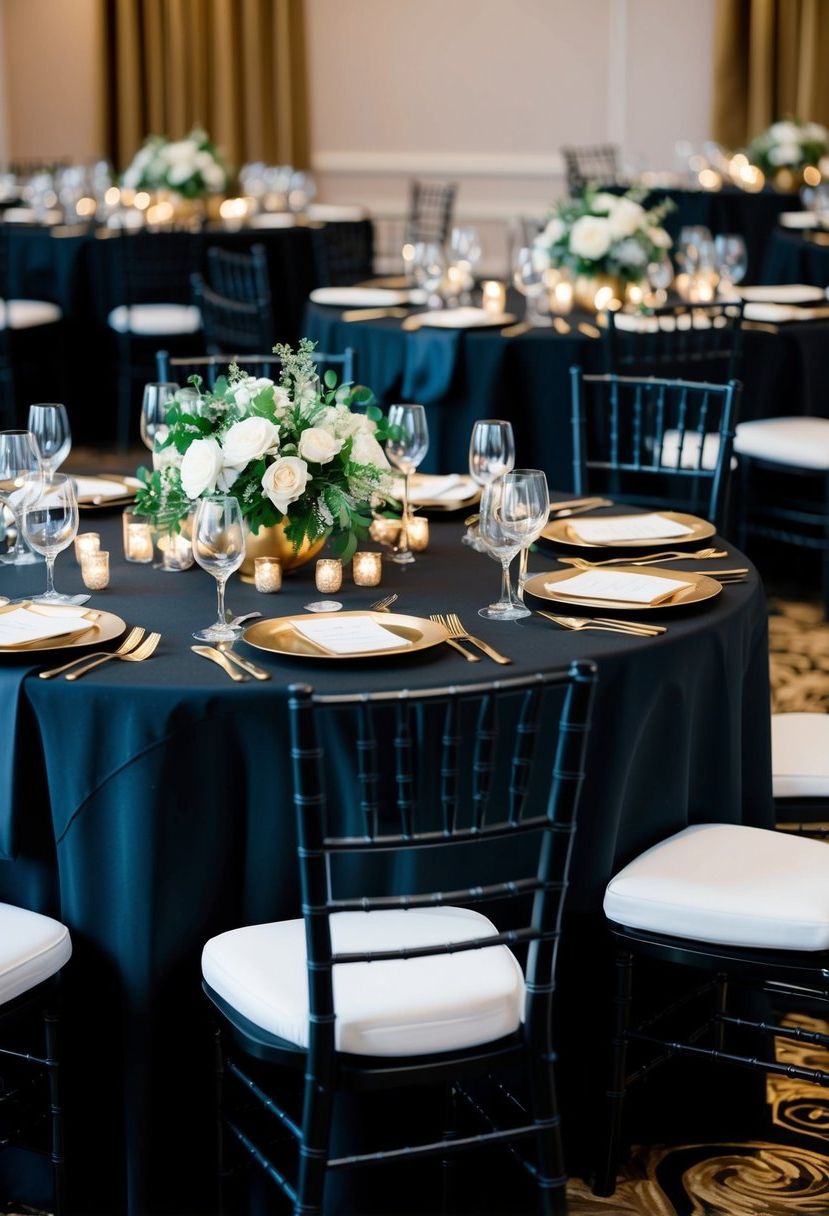 Black tablecloths adorned with elegant gold accents, creating a sophisticated and luxurious ambiance for a black tie wedding celebration