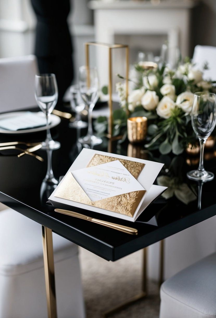 Foil-stamped invitations sit atop a sleek black table, surrounded by elegant black tie wedding decor