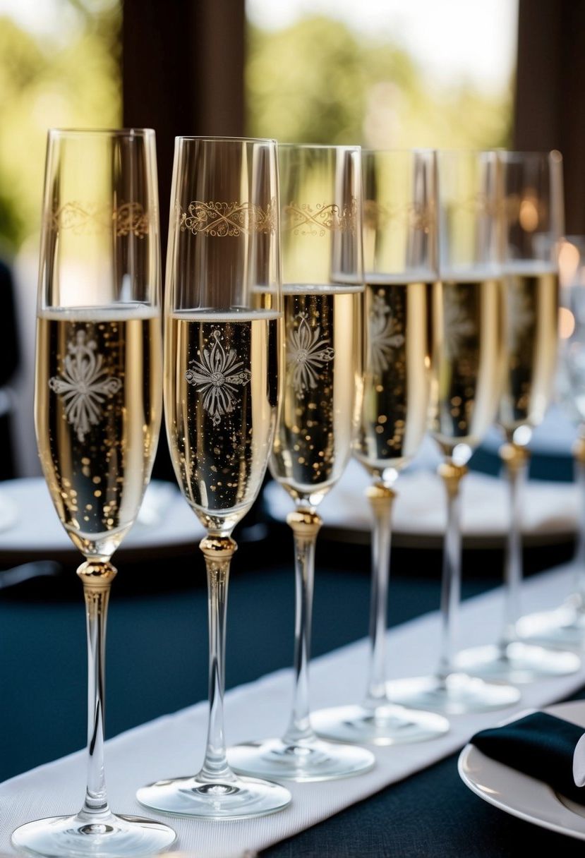 Elegant champagne flutes with gold etching arranged on a black tie wedding table