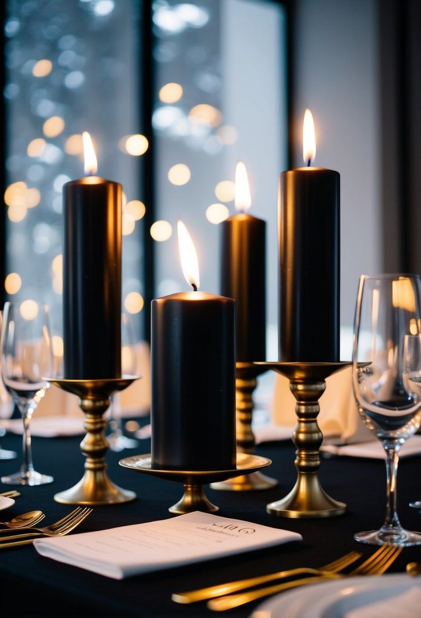 Black candles in gold holders adorn a sleek black tie wedding table, casting a romantic and elegant glow