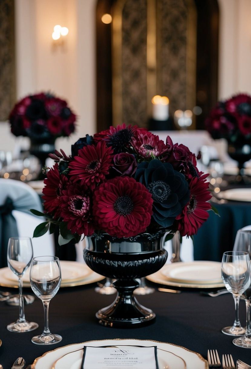 Rich burgundy and black flowers arranged in a baroque style centerpiece on a formal black-tie wedding table