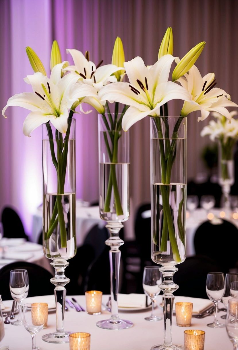 Tall crystal vases hold white lilies, elegant black tie wedding table decor
