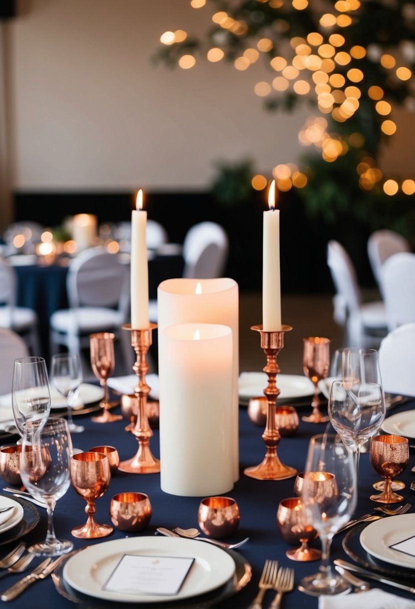 Elegant black-tie wedding table adorned with copper candle holders