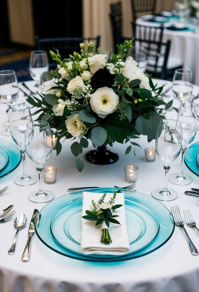 A table set with black tie wedding decor: elegant glass charger plates, polished silverware, and luxurious floral centerpieces