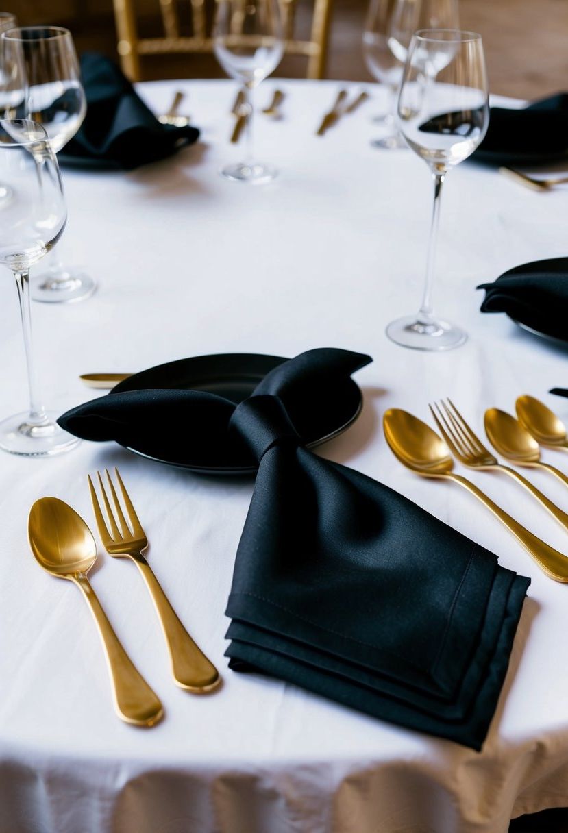 Gold cutlery laid out on a white tablecloth with black napkins folded neatly and a black tie draped over the back of a chair
