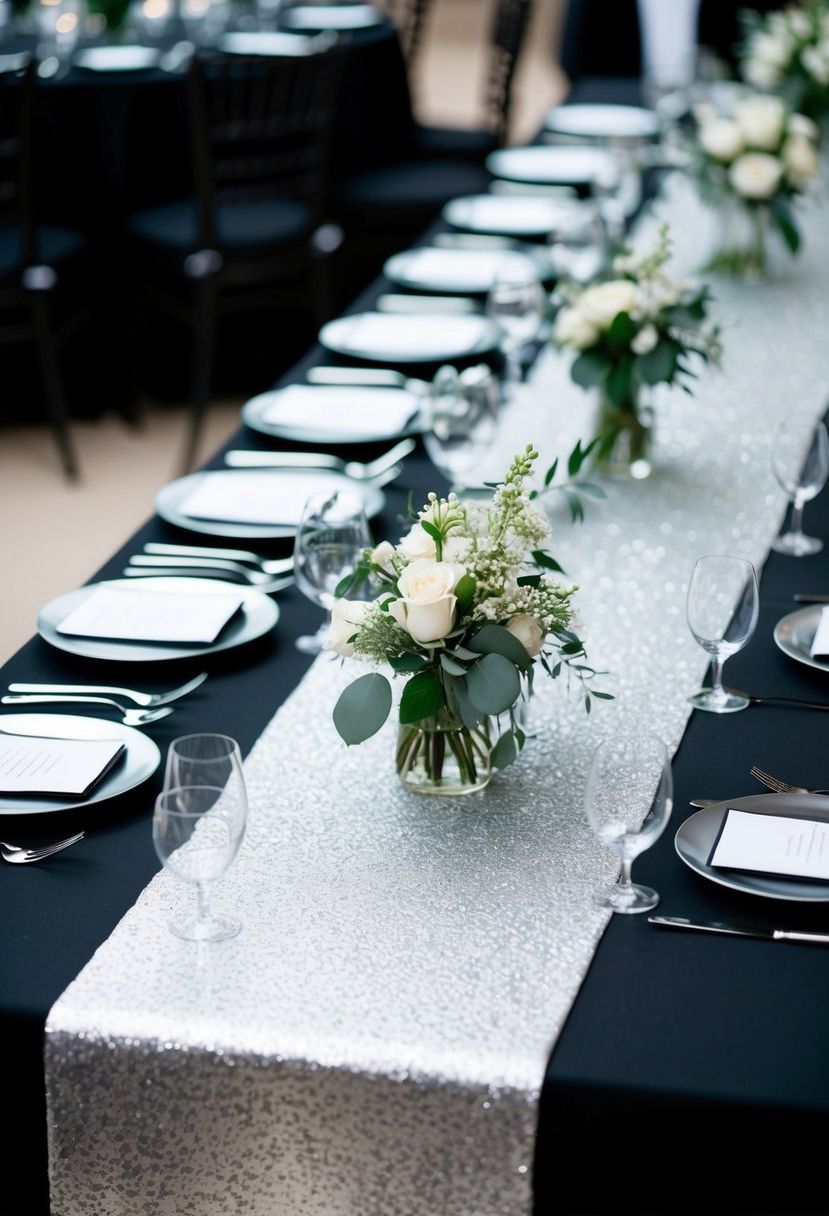 Metallic silver table runners adorn a sleek black tie wedding table, adding a touch of elegance to the decor