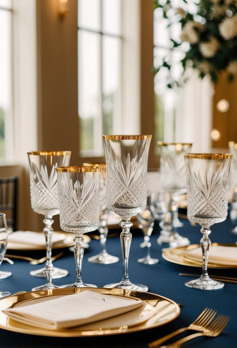Elegant gold-rimmed crystal glassware on a formal black tie wedding table