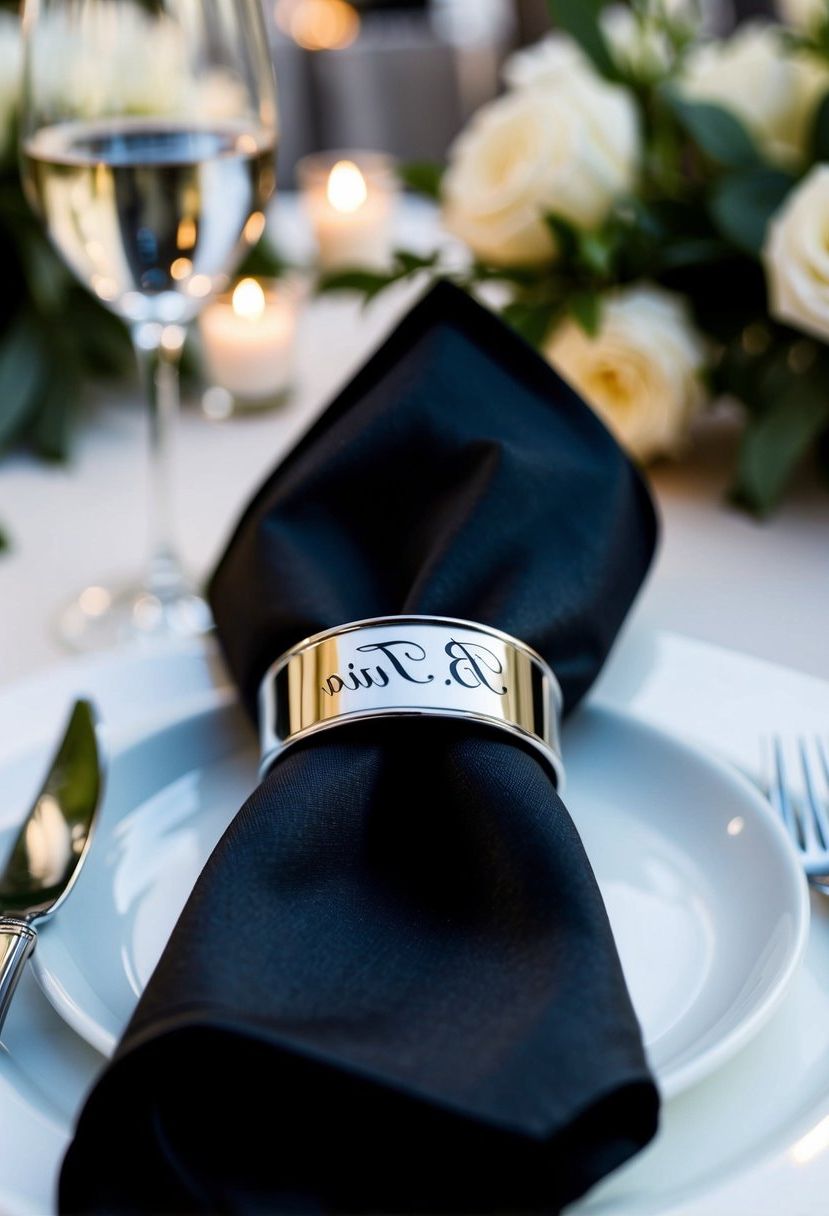 A table adorned with personalized black tie napkin rings, adding an elegant touch to a black tie wedding reception