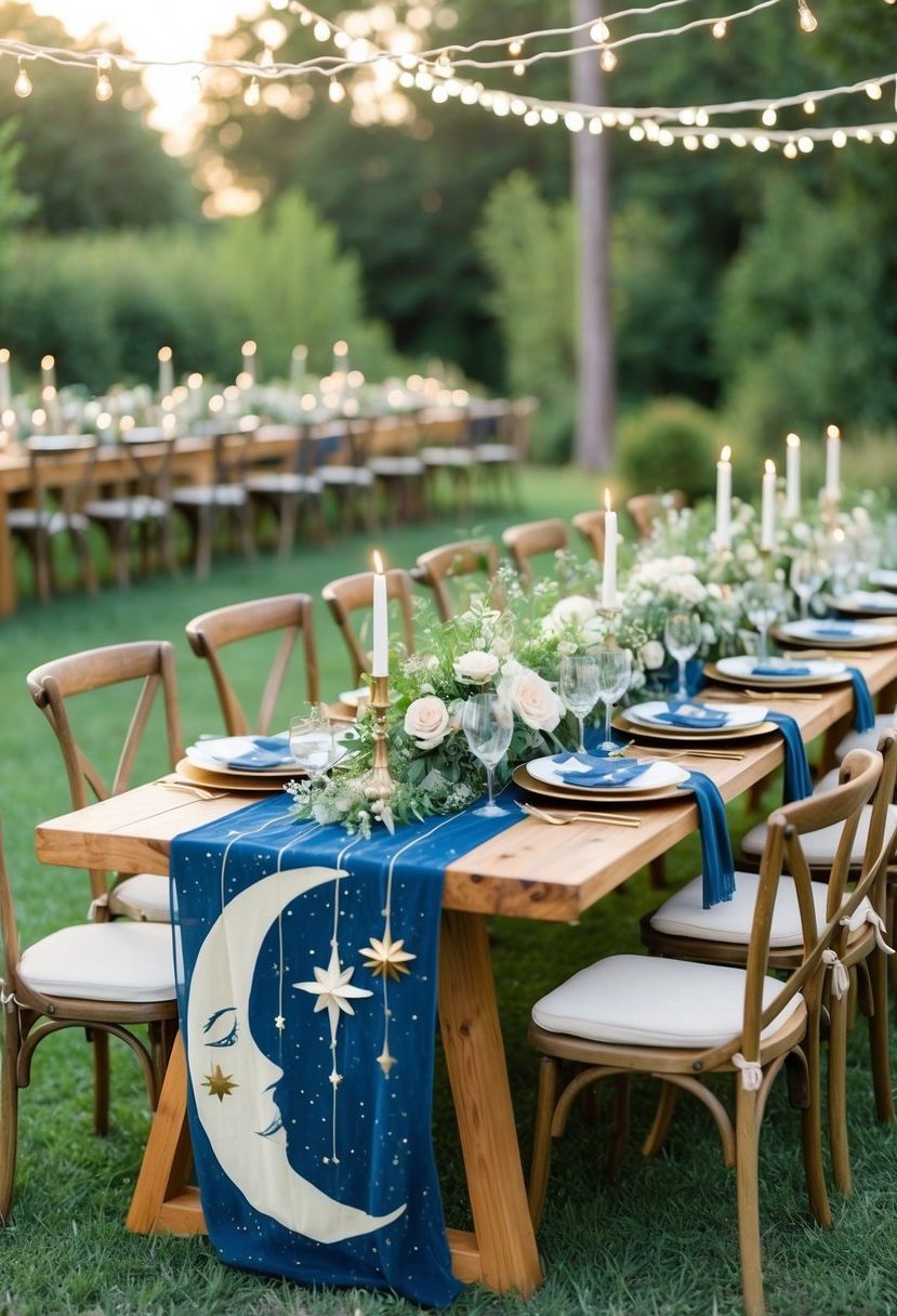 A boho wedding table adorned with celestial-inspired designs, featuring dreamy moon and star motifs, twinkling fairy lights, and lush greenery
