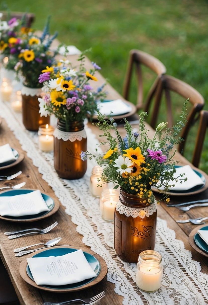 A rustic wooden table adorned with wildflowers in mason jar vases, surrounded by candles and vintage lace for a boho wedding
