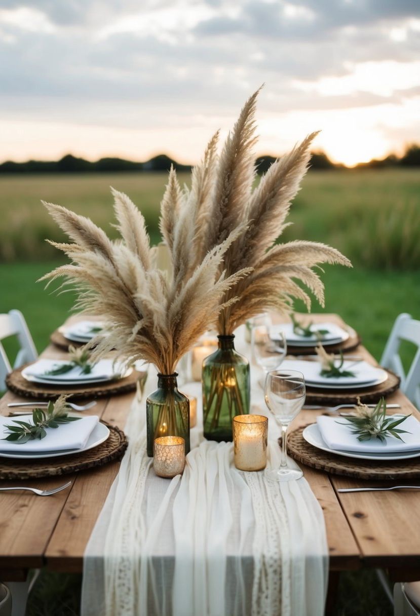 Pampas grass arranged on a boho wedding table with candles and rustic decor