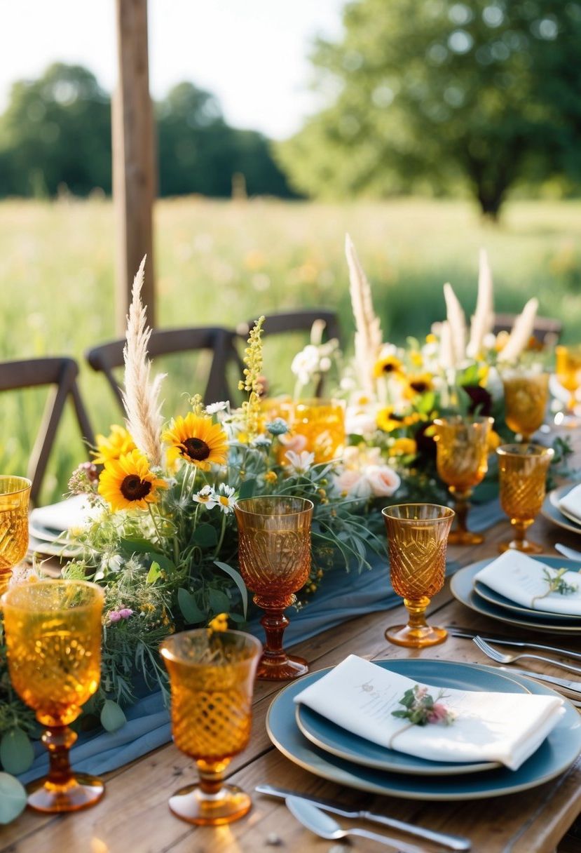 An outdoor wedding table adorned with amber glassware, wildflowers, and bohemian accents