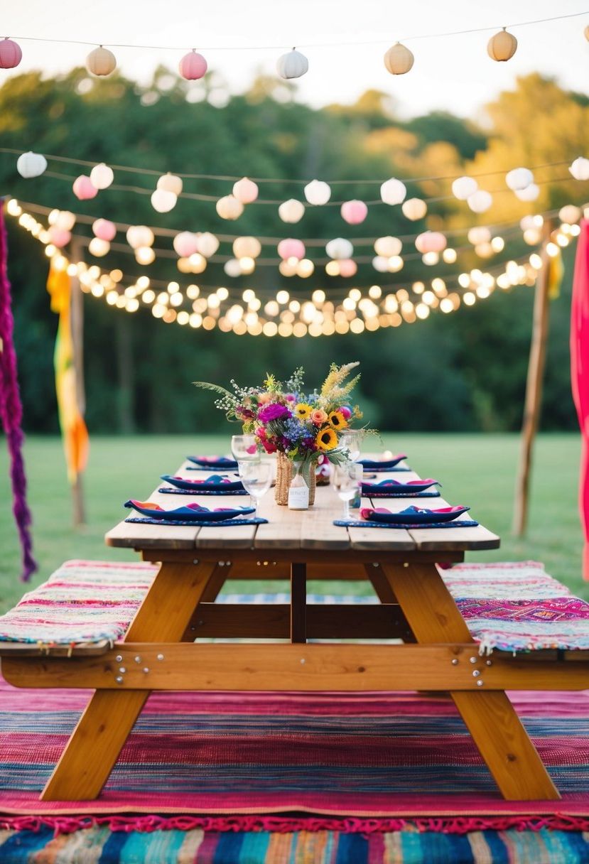 Colorful rugs cover picnic tables adorned with bohemian wedding decor
