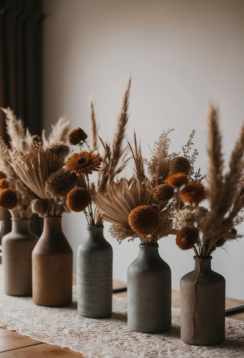 Dried flowers arranged in rustic vases on a bohemian wedding table