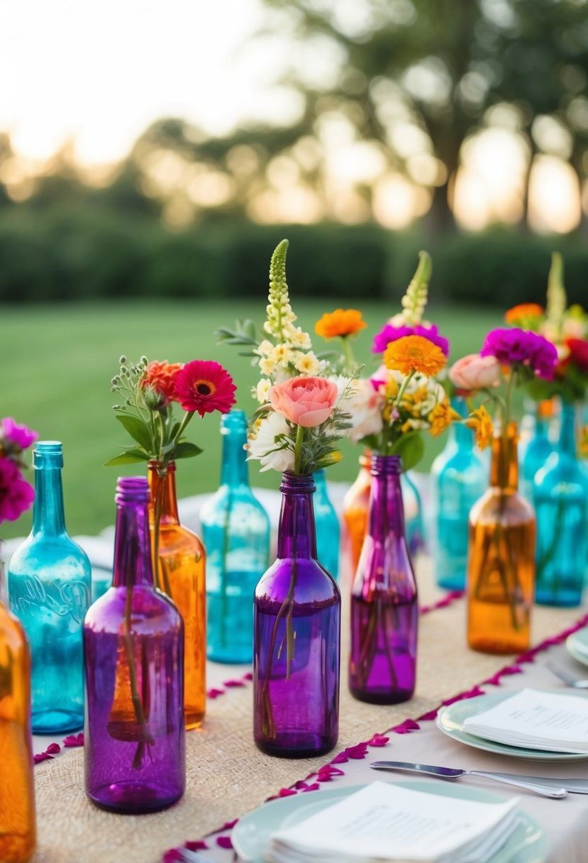 Vibrant glass bottles arranged with flowers on a boho wedding table