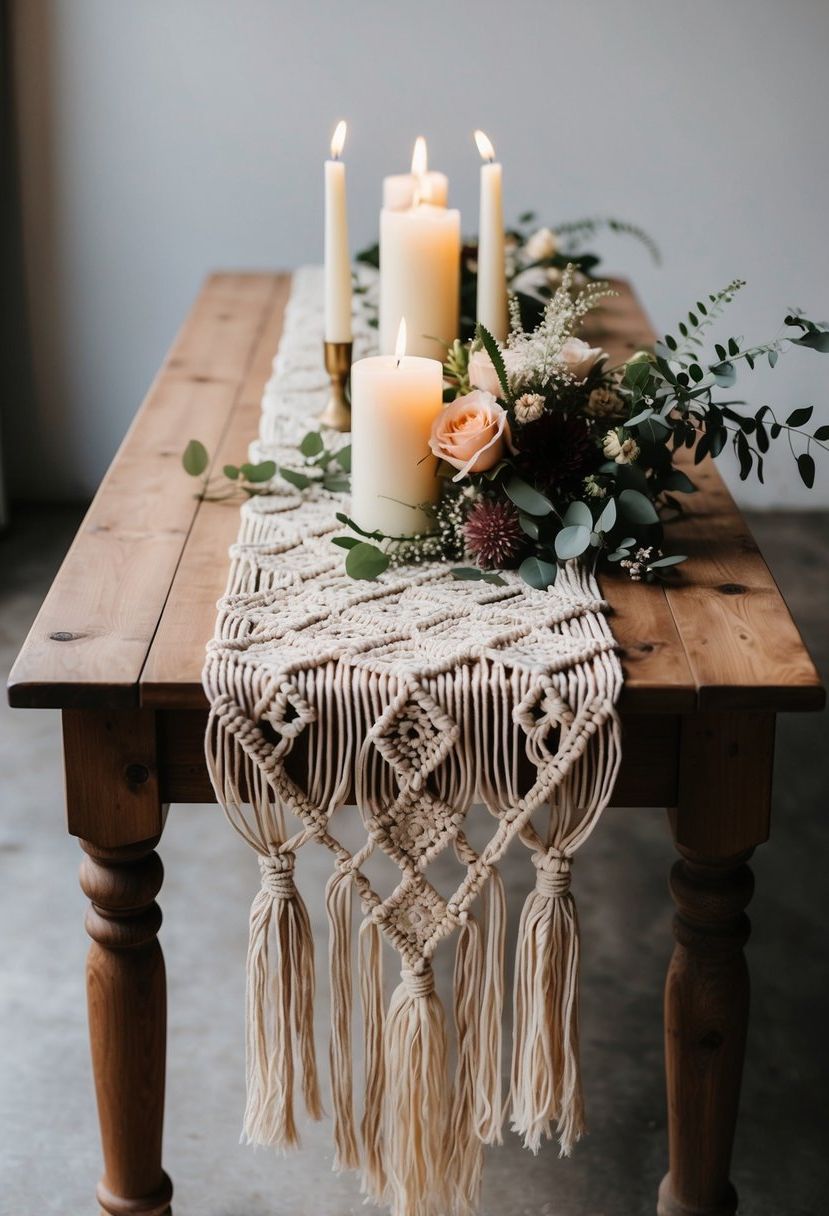 A wooden table with a macrame table runner draped across it, adorned with bohemian wedding decor such as candles, flowers, and greenery