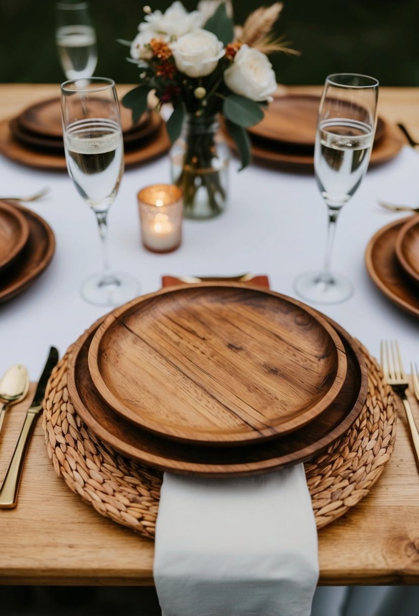 Rustic wooden chargers arranged with boho table decor for a wedding setting