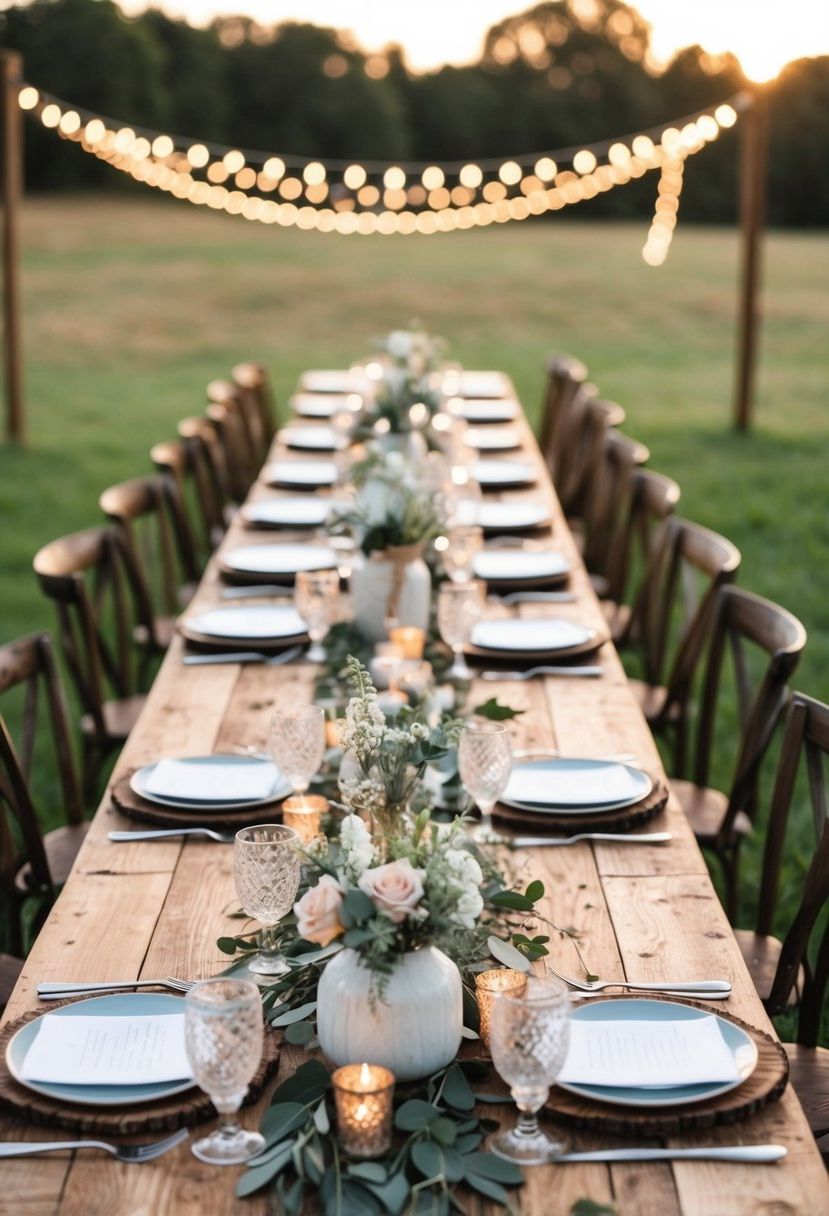 Rustic wooden tables adorned with bohemian wedding decorations