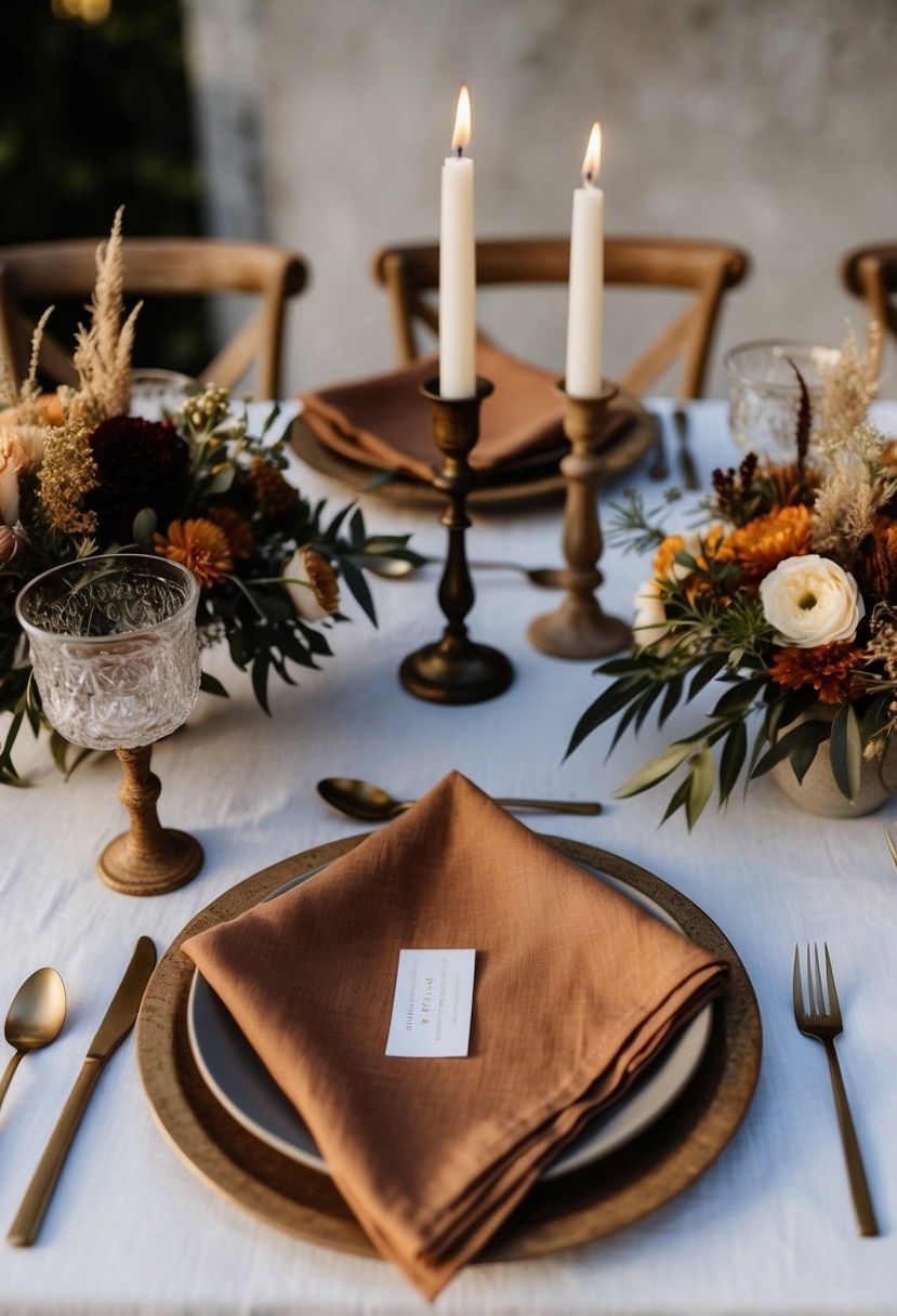 Linen napkins in earthy tones arranged in a boho wedding table setting with rustic floral centerpieces and vintage candle holders