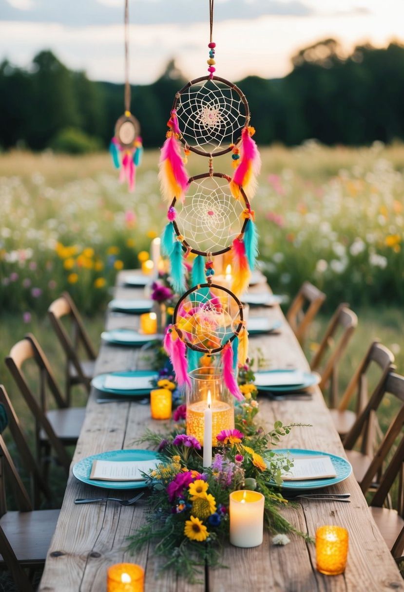 A rustic wooden table adorned with vibrant bohemian dreamcatcher centerpieces, surrounded by wildflowers and candles, creating a whimsical boho wedding atmosphere