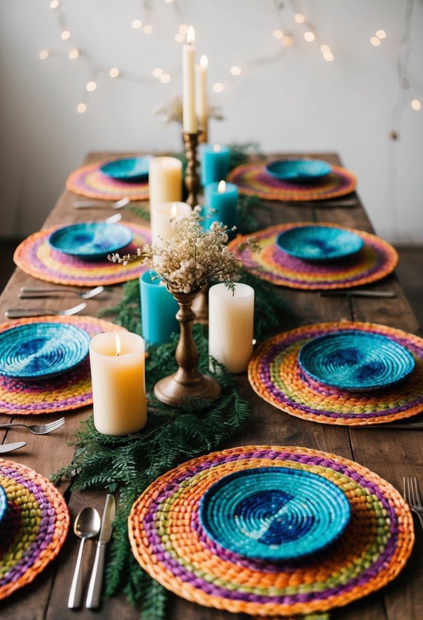 Colorful woven placemats arranged on a rustic wooden table with bohemian-inspired centerpieces and candles