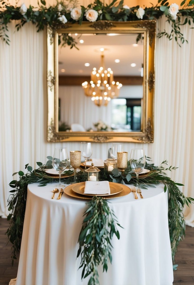 A table adorned with gold-framed mirrors, draped with bohemian wedding decor