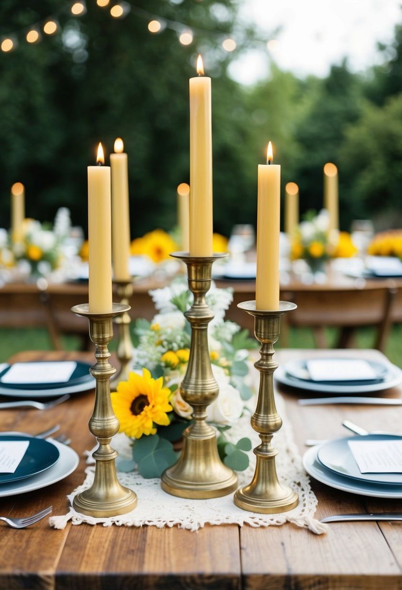 A table set with vintage brass candlesticks, adorned with bohemian wedding decor