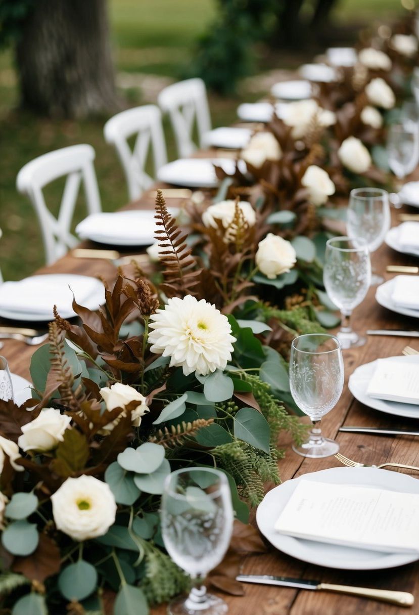 Brown foliage intertwines with ivory flowers on a rustic wedding table