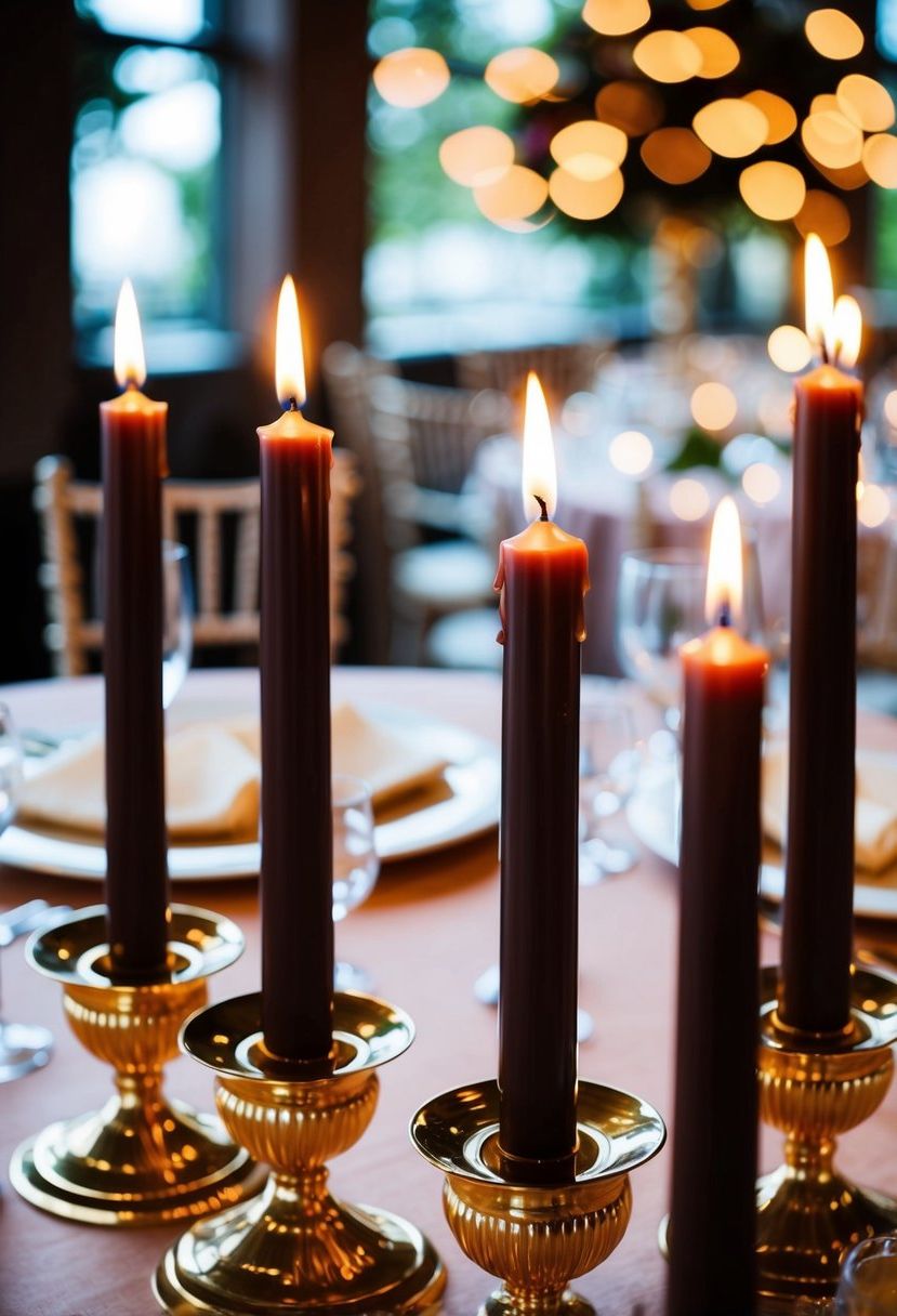 Dark brown candles in gold holders illuminate a richly decorated wedding table