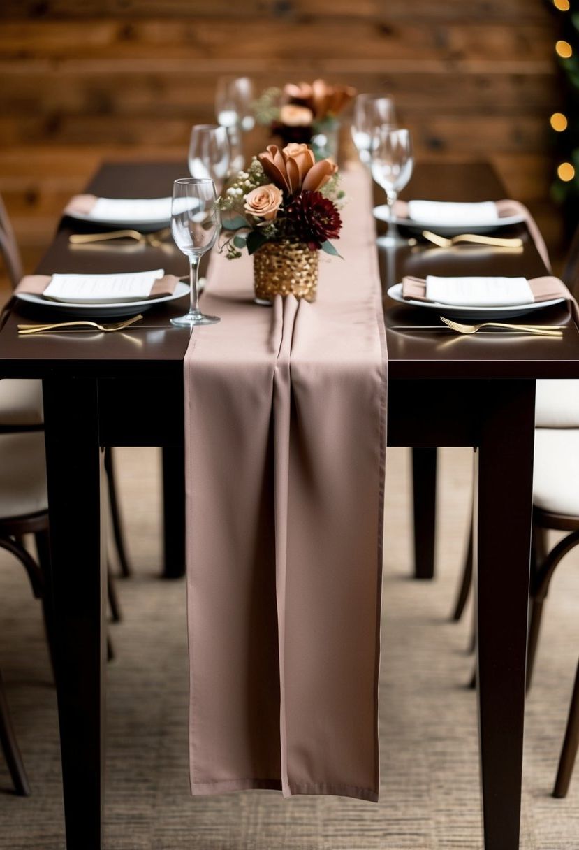 Taupe table runners draped over espresso table, adorned with brown wedding decorations