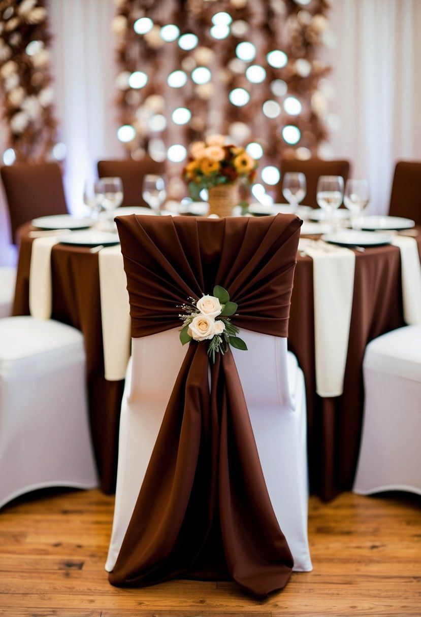 A chocolate brown chair covers a table set with brown wedding decorations