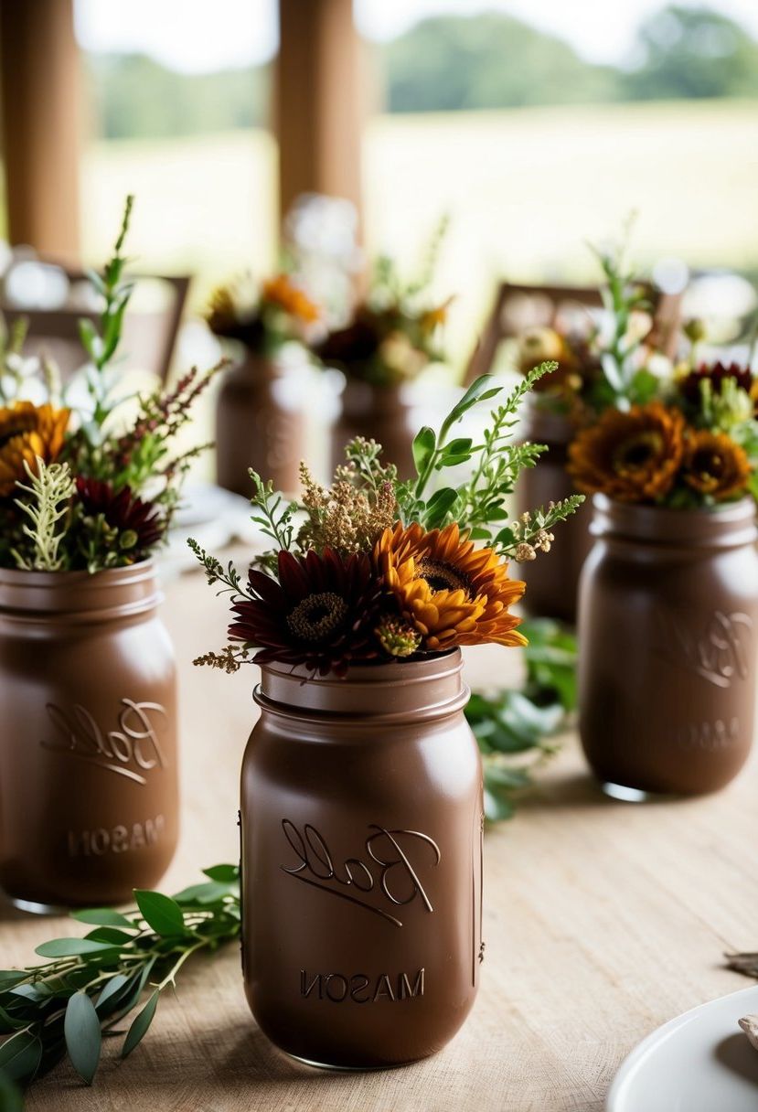 Chocolate-hued mason jars filled with earthy-toned flowers and greenery adorn rustic wedding tables