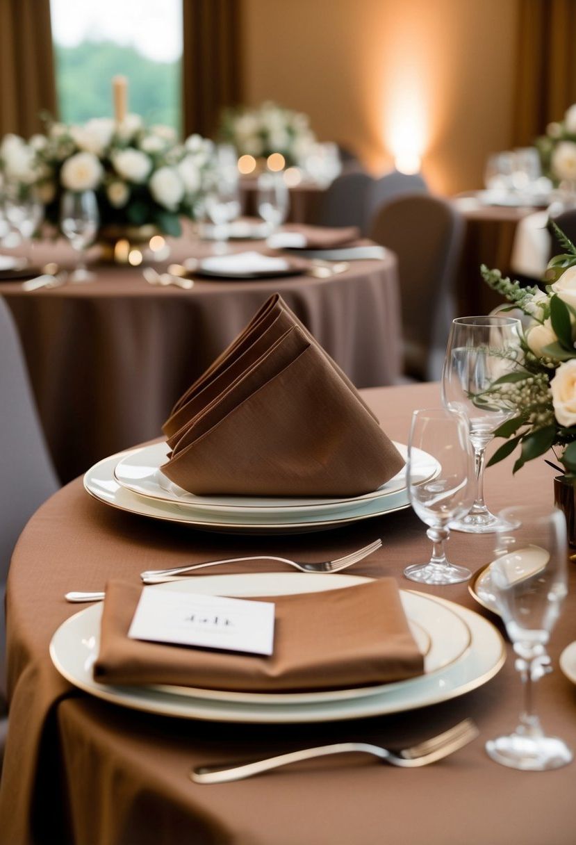 Cocoa-colored linen napkins arranged on a brown wedding table with elegant decorations