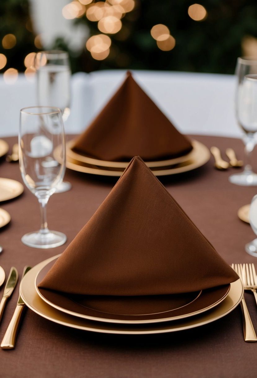 Chestnut napkins draped over a gold cutlery set on a brown wedding table