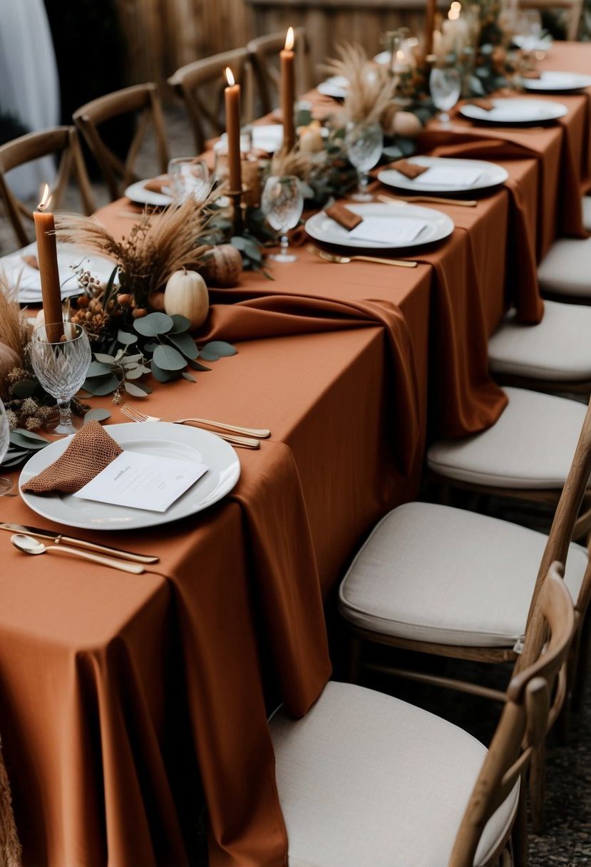 Terracotta table linens draped over a wooden table, adorned with earthy brown accents and natural textures for a warm and rustic wedding table setting