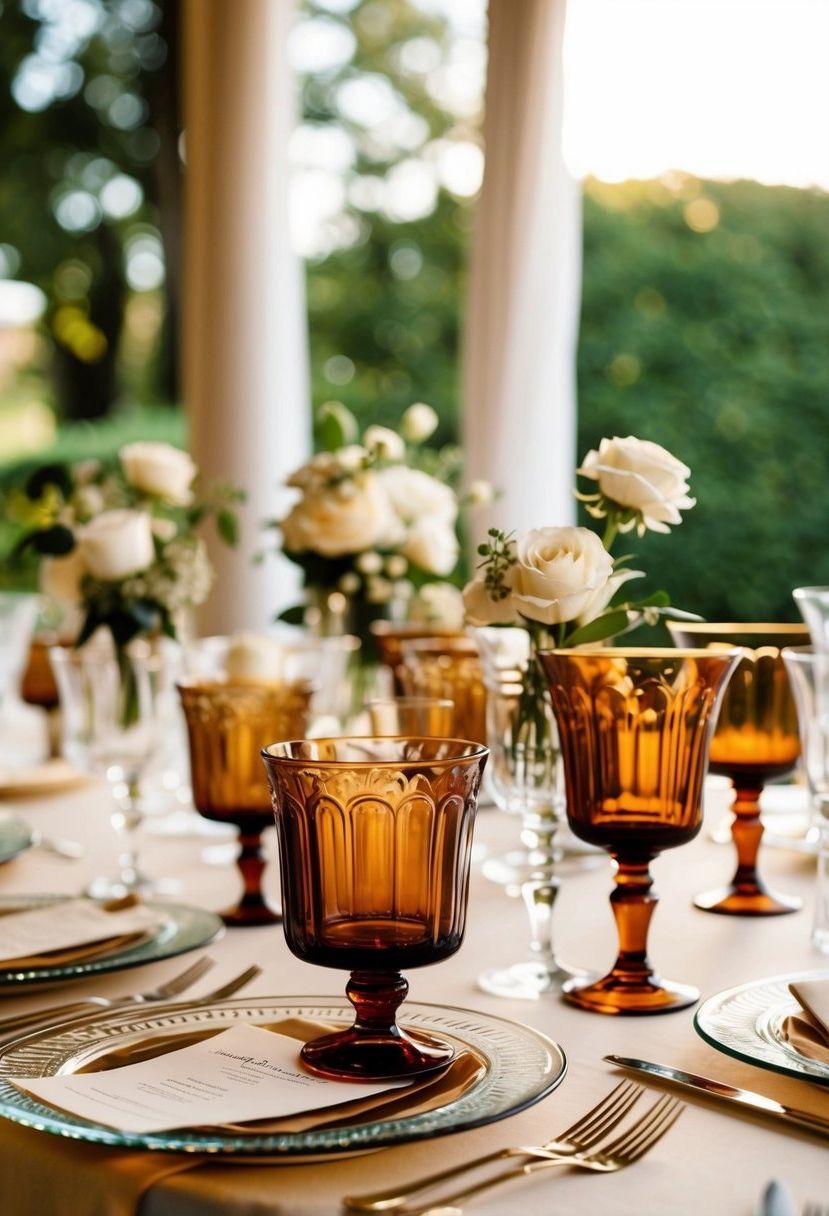A table set with vintage brown glassware, adorned with classic wedding decorations